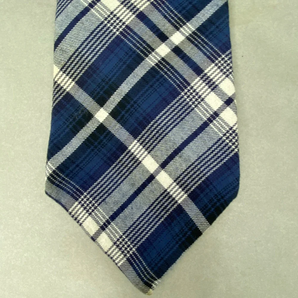 VTG‎ Gap Plaid Tartan Tie Mens Blue White Wool Blend Minimalist Indie 58x4